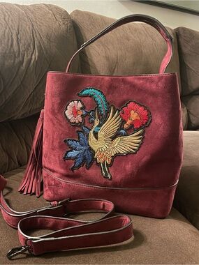 Embroidered Suede Shoulder Bag in Wine Red with Bird Motif